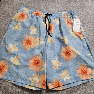 Con.Struct  Swim‎ Trunks Size Large Blue Floral Pattern  9" Inseam NWT